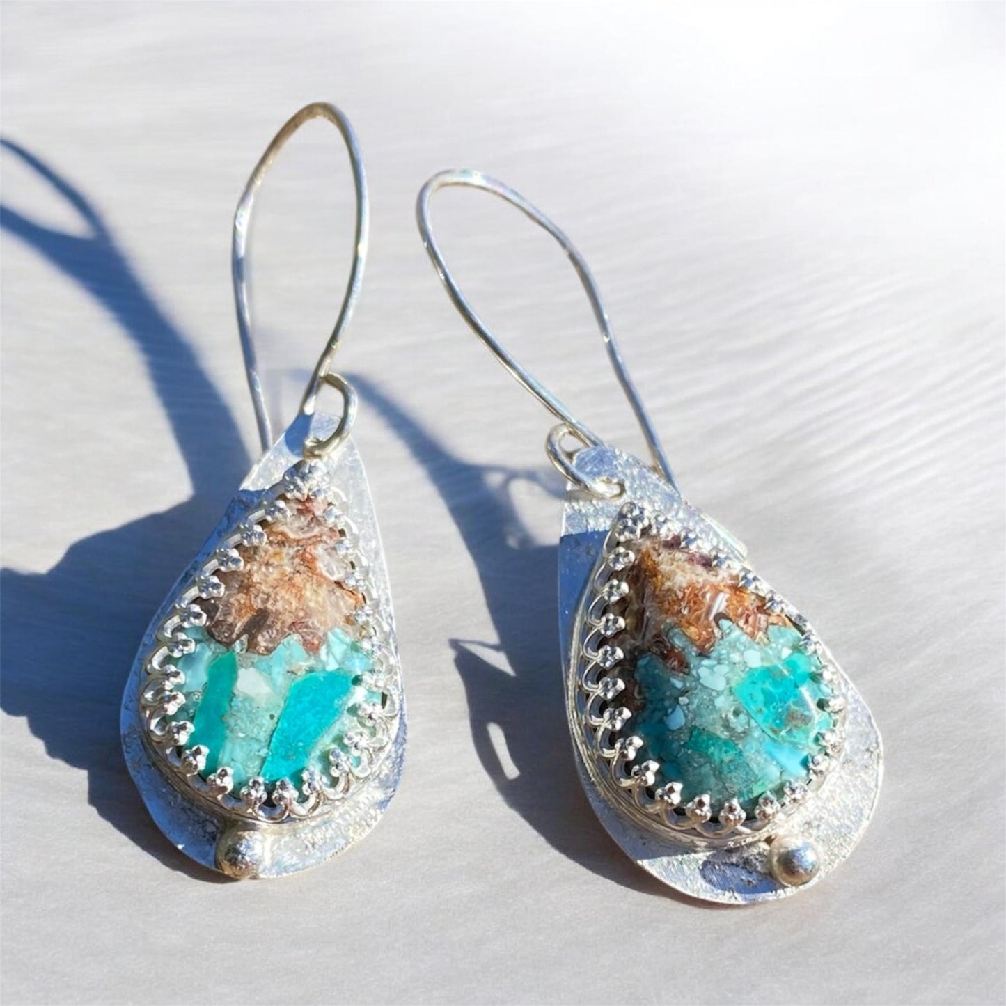 HANDMADE BACON OPAL & TURQUOISE STERLING SILVER EARRINGS