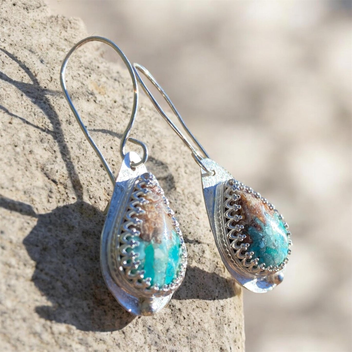 HANDMADE BACON OPAL & TURQUOISE STERLING SILVER EARRINGS
