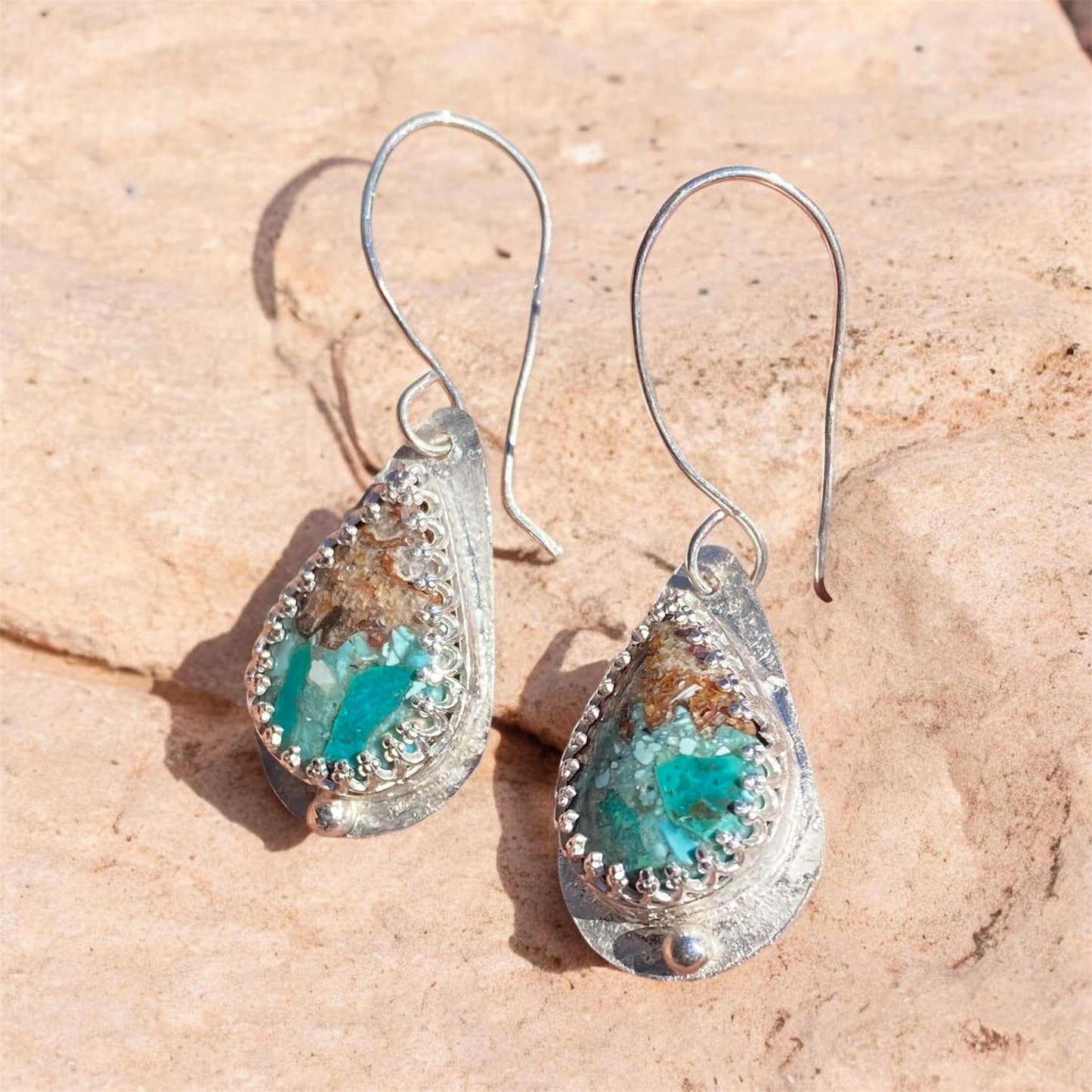 HANDMADE BACON OPAL & TURQUOISE STERLING SILVER EARRINGS