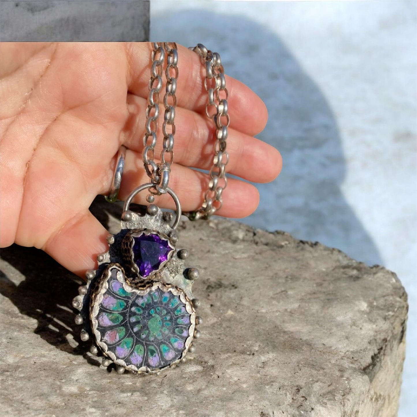 Black Ammonite Inlay Chrysocolla, Purple Jade & Amethyst Pendant