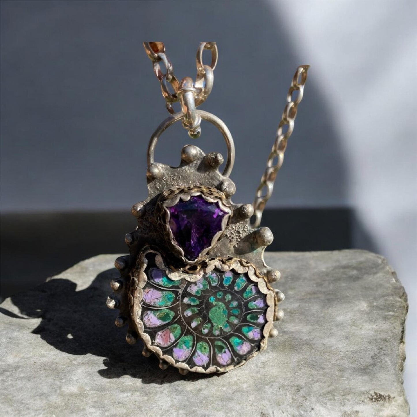 Black Ammonite Inlay Chrysocolla, Purple Jade & Amethyst Pendant