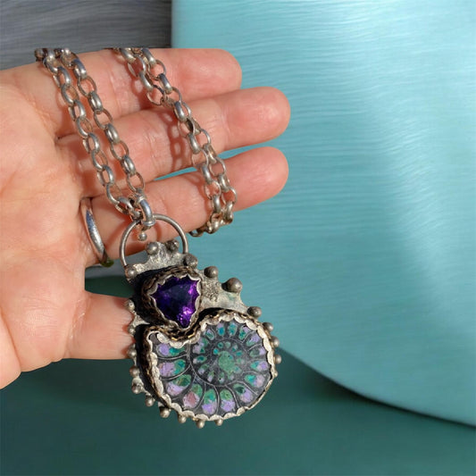 Black Ammonite Inlay Chrysocolla, Purple Jade & Amethyst Pendant