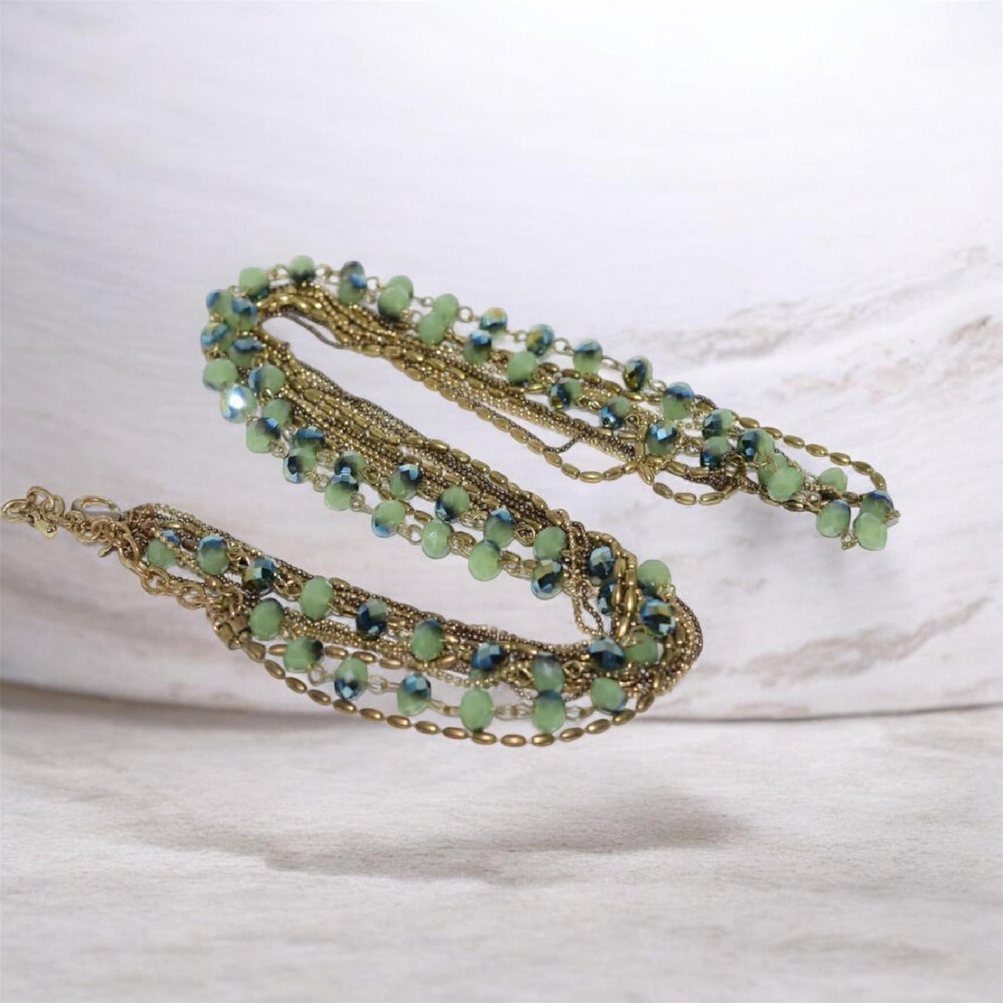 Vintage Seven Strand Green & Blue Beaded Necklace