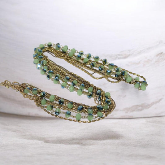 Vintage Seven Strand Green & Blue Beaded Necklace