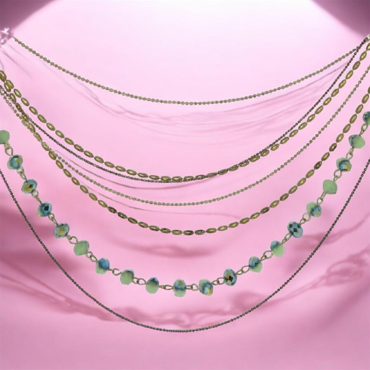 Vintage Seven Strand Green & Blue Beaded Necklace