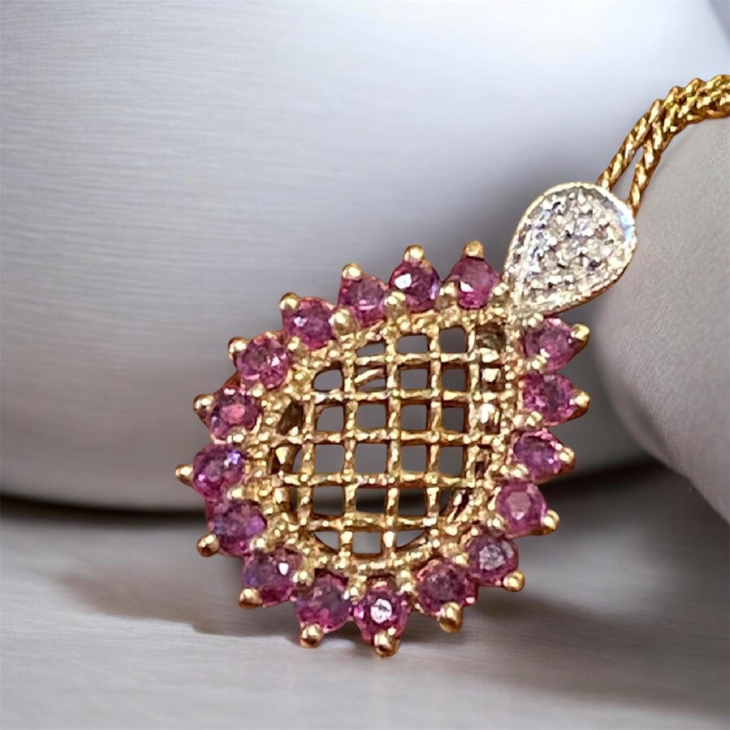 Vintage 10K Gold Ruby & Diamond Pendant Necklace