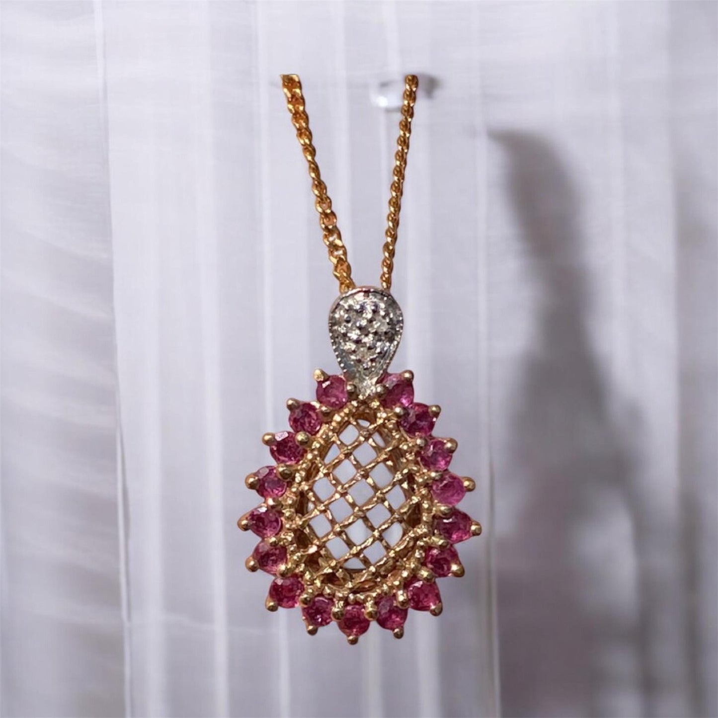 Vintage 10K Gold Ruby & Diamond Pendant Necklace