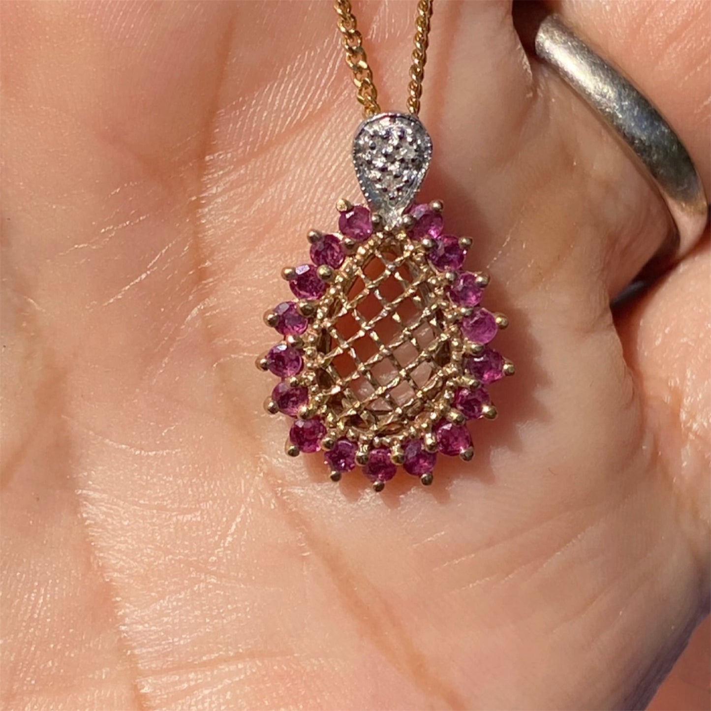 Vintage 10K Gold Ruby & Diamond Pendant Necklace