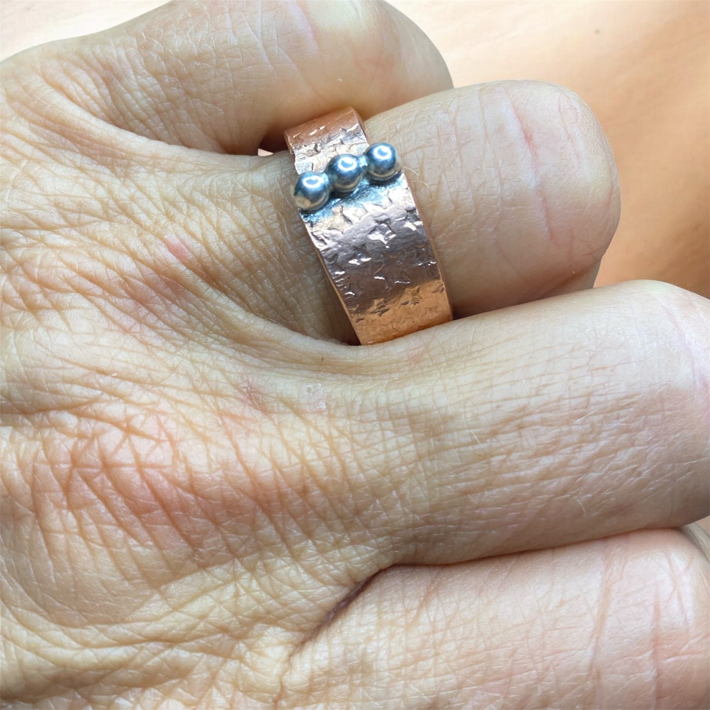 Star Textured Copper Ring with Sterling Silver Beads