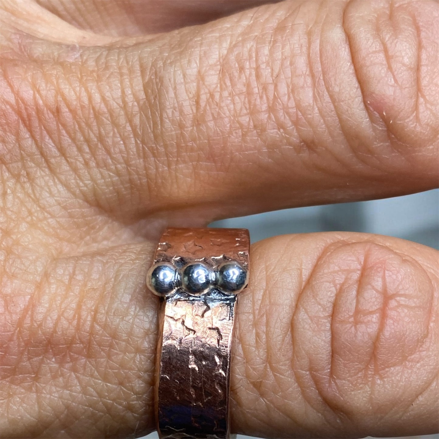 Star Textured Copper Ring with Sterling Silver Beads