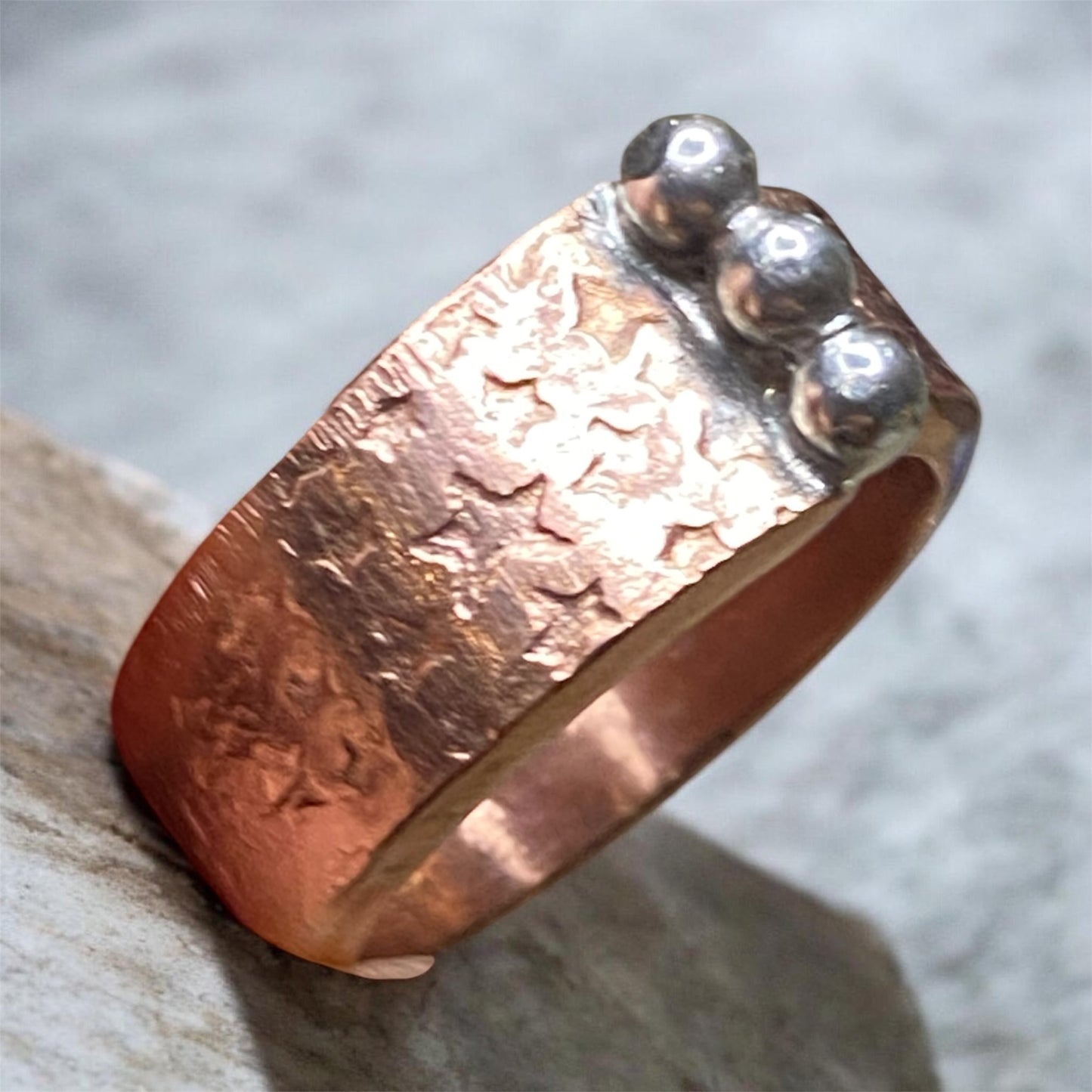 Star Textured Copper Ring with Sterling Silver Beads