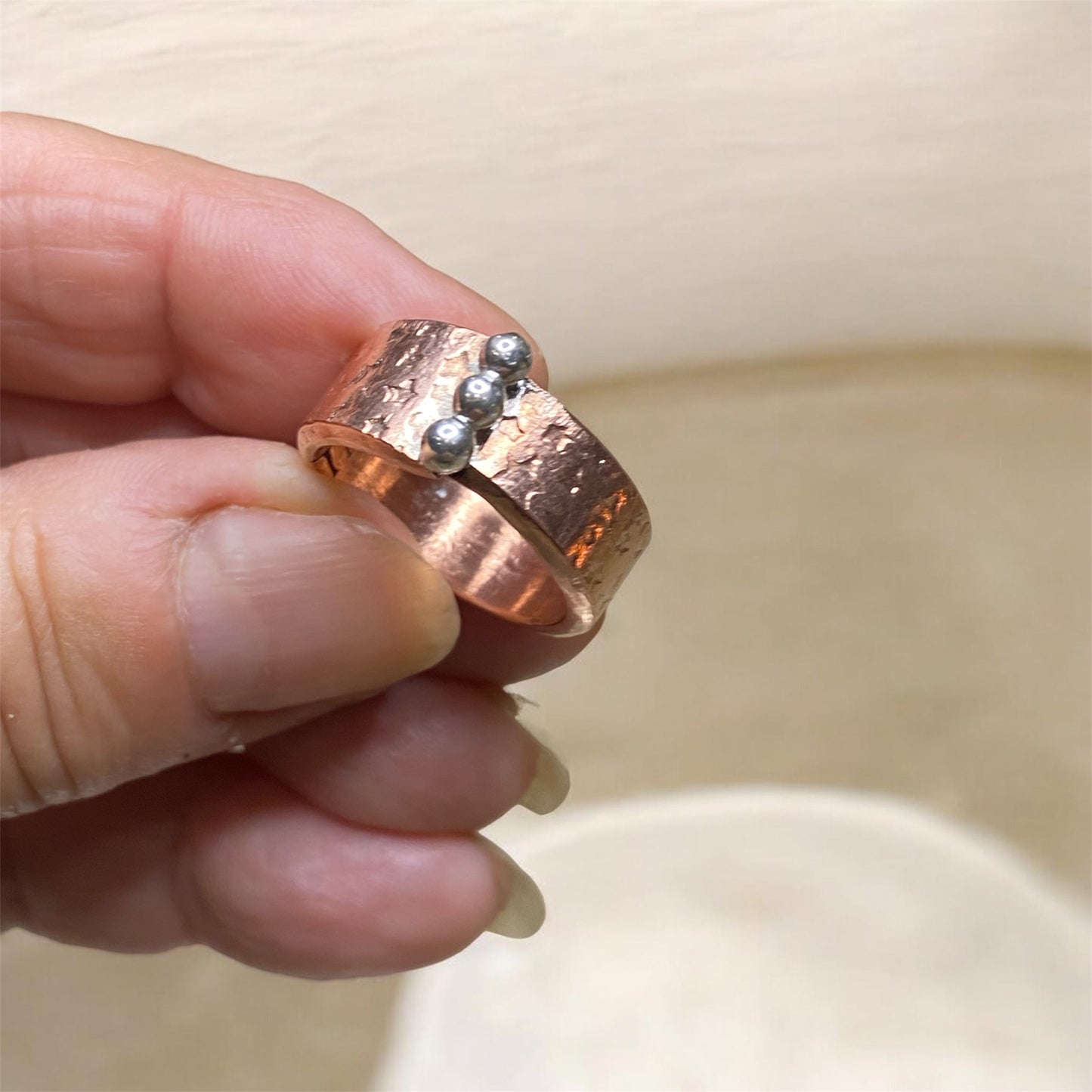 Star Textured Copper Ring with Sterling Silver Beads