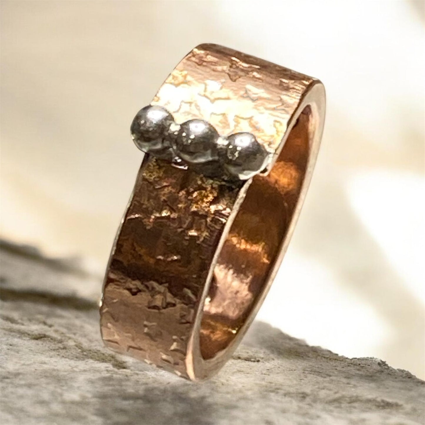 Star Textured Copper Ring with Sterling Silver Beads