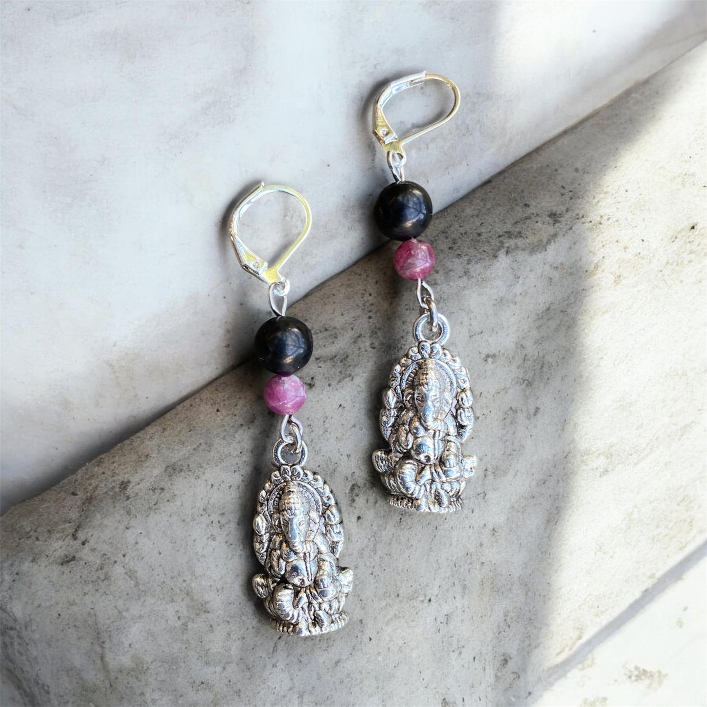 Pink Tourmaline, Shungite & Ganesha Earrings Sterling Silver sold