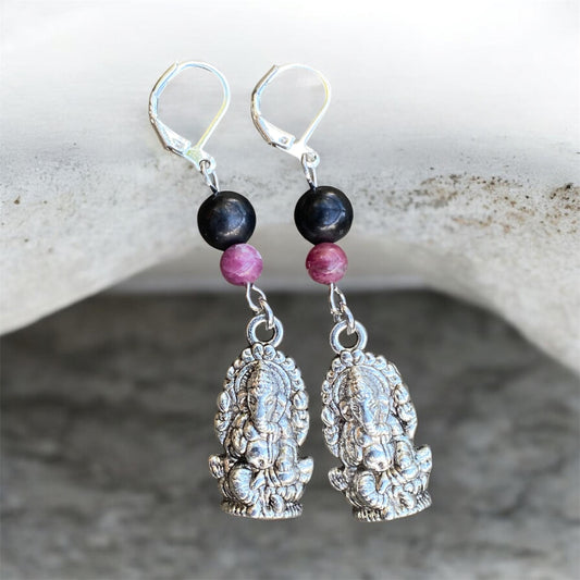 Pink Tourmaline, Shungite & Ganesha Earrings Sterling Silver sold