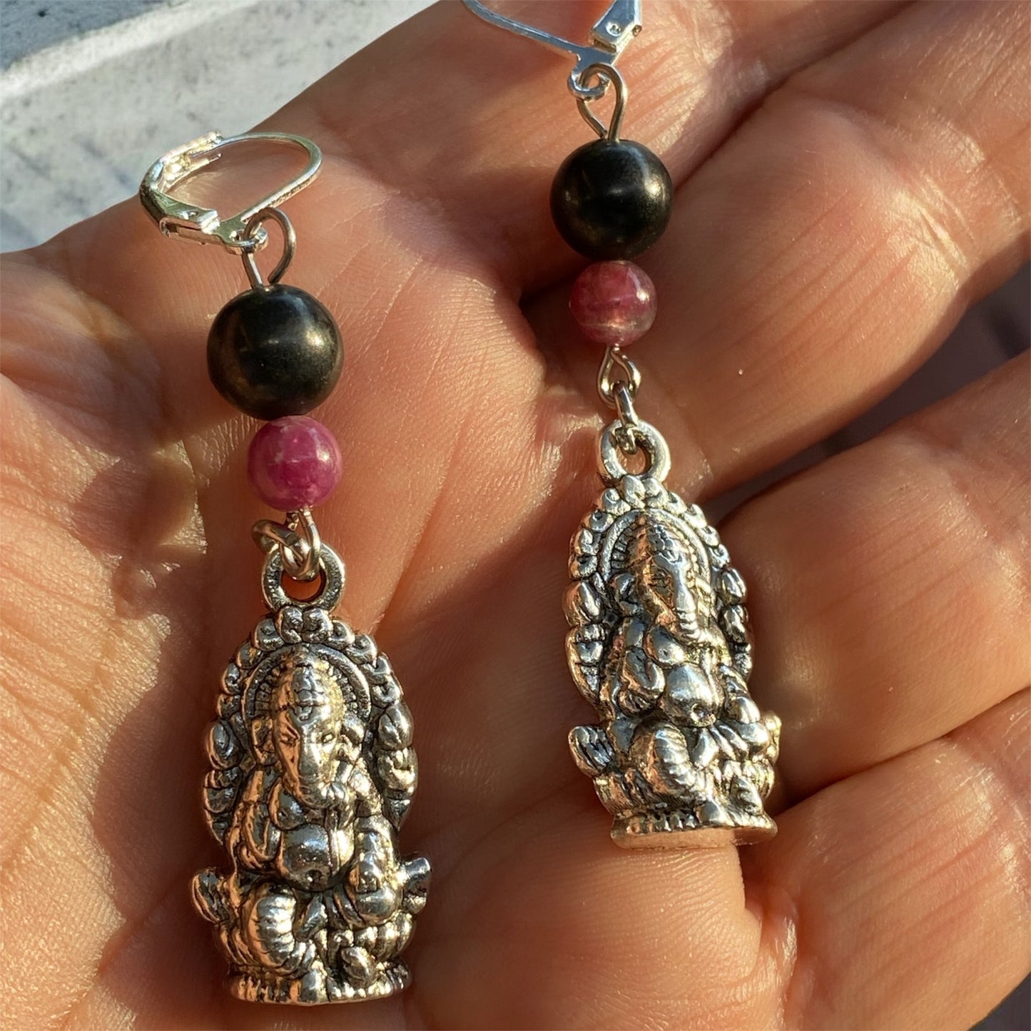 Pink Tourmaline, Shungite & Ganesha Earrings Sterling Silver sold