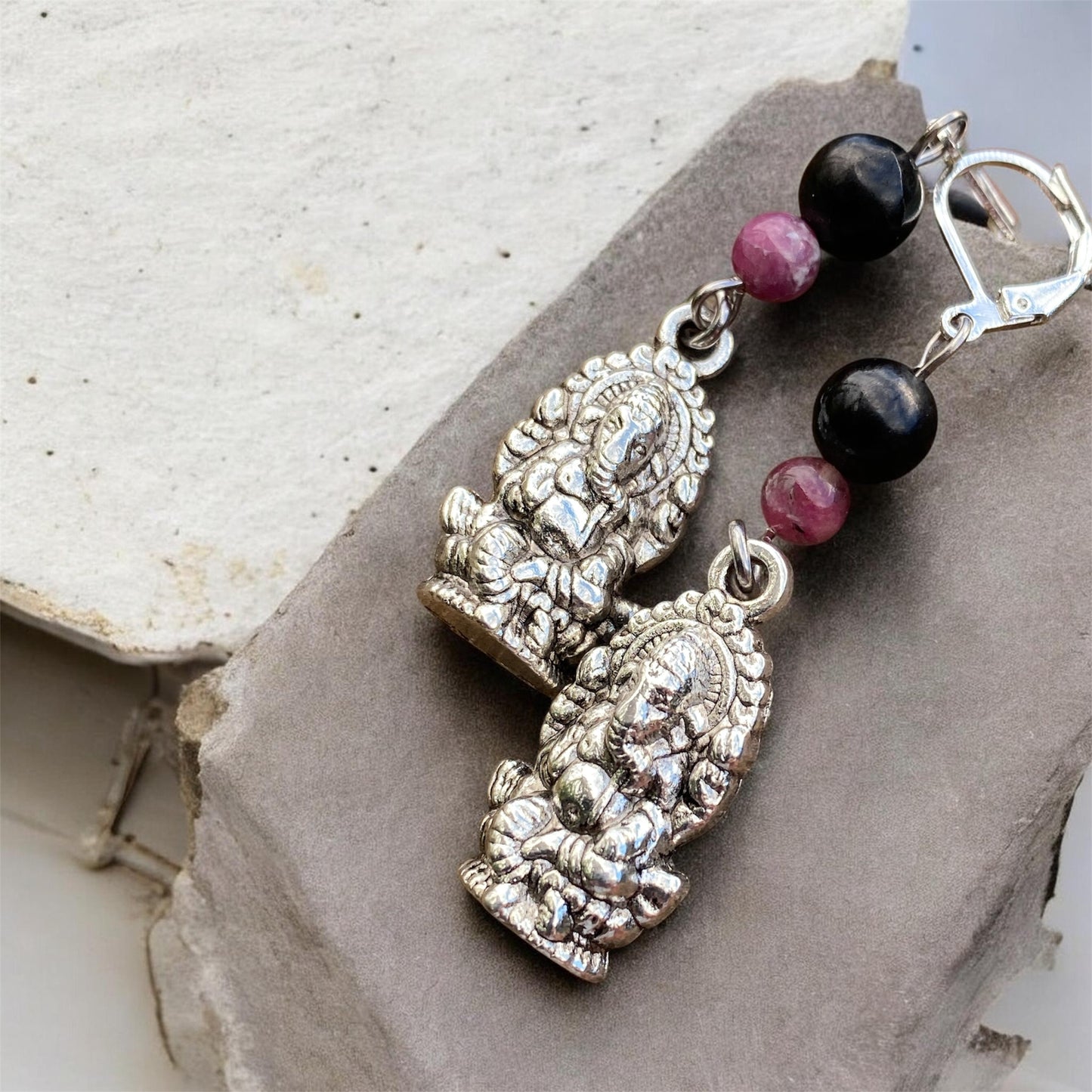 Pink Tourmaline, Shungite & Ganesha Earrings Sterling Silver sold