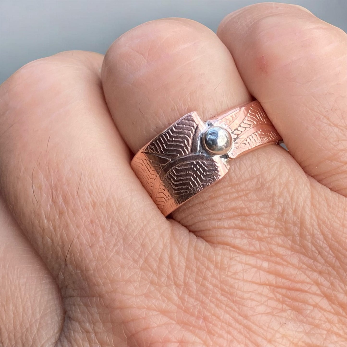 Wave Textured Copper Ring with Sterling Silver Accent