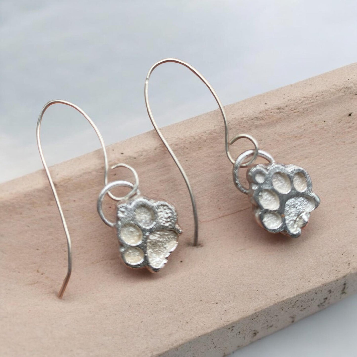 Handmade Sterling Silver Sand Cast Paw Print Earrings