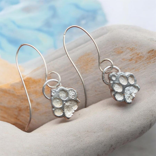 Handmade Sterling Silver Sand Cast Paw Print Earrings