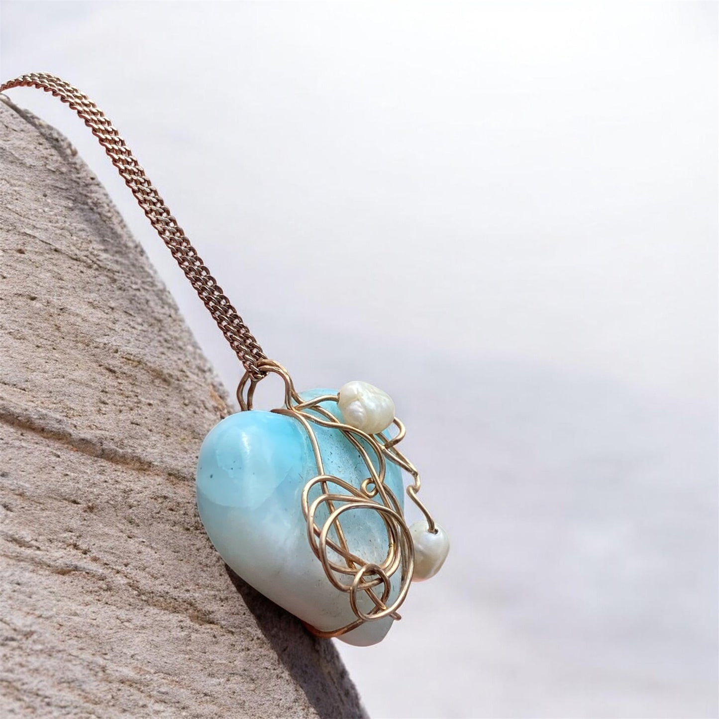 Natural Larimar Heart Pendant Hand Wrapped in Gold with Freshwater Pearls
