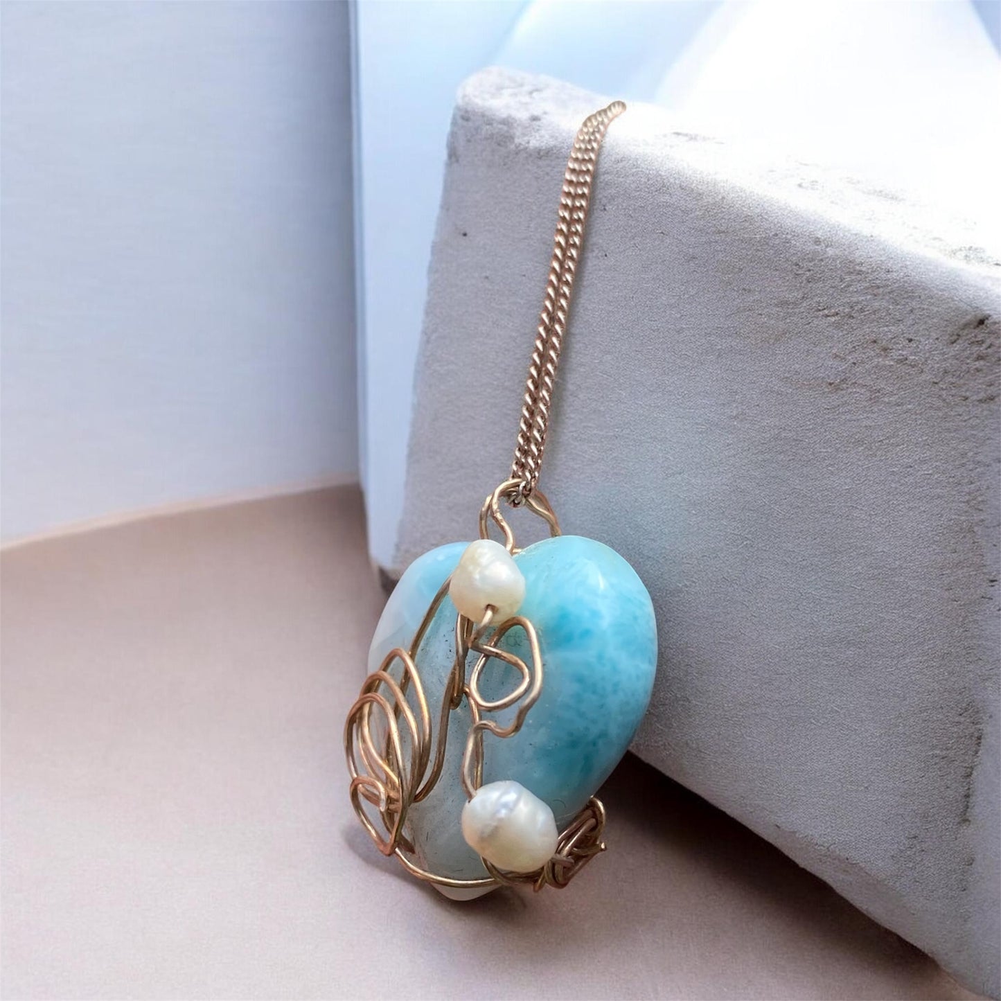 Natural Larimar Heart Pendant Hand Wrapped in Gold with Freshwater Pearls