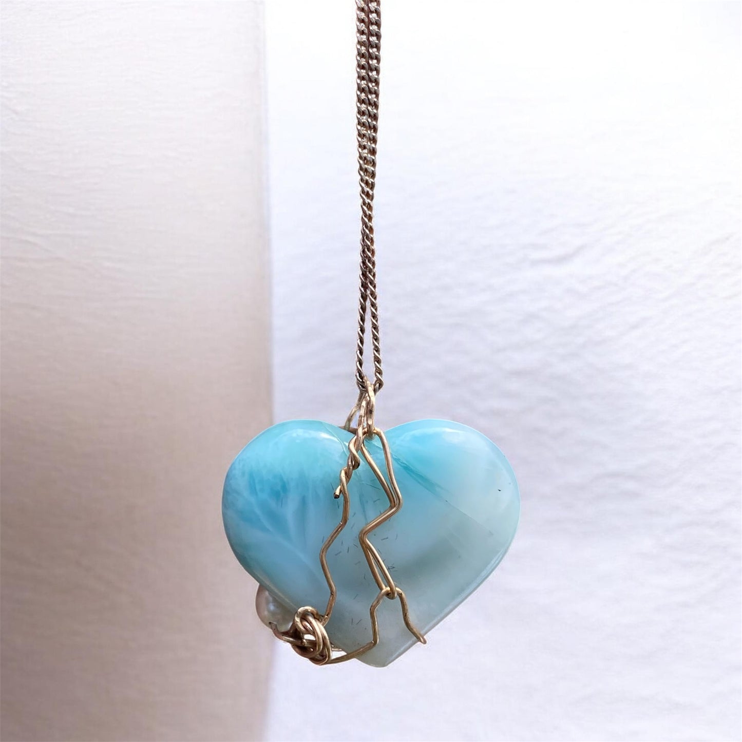 Natural Larimar Heart Pendant Hand Wrapped in Gold with Freshwater Pearls