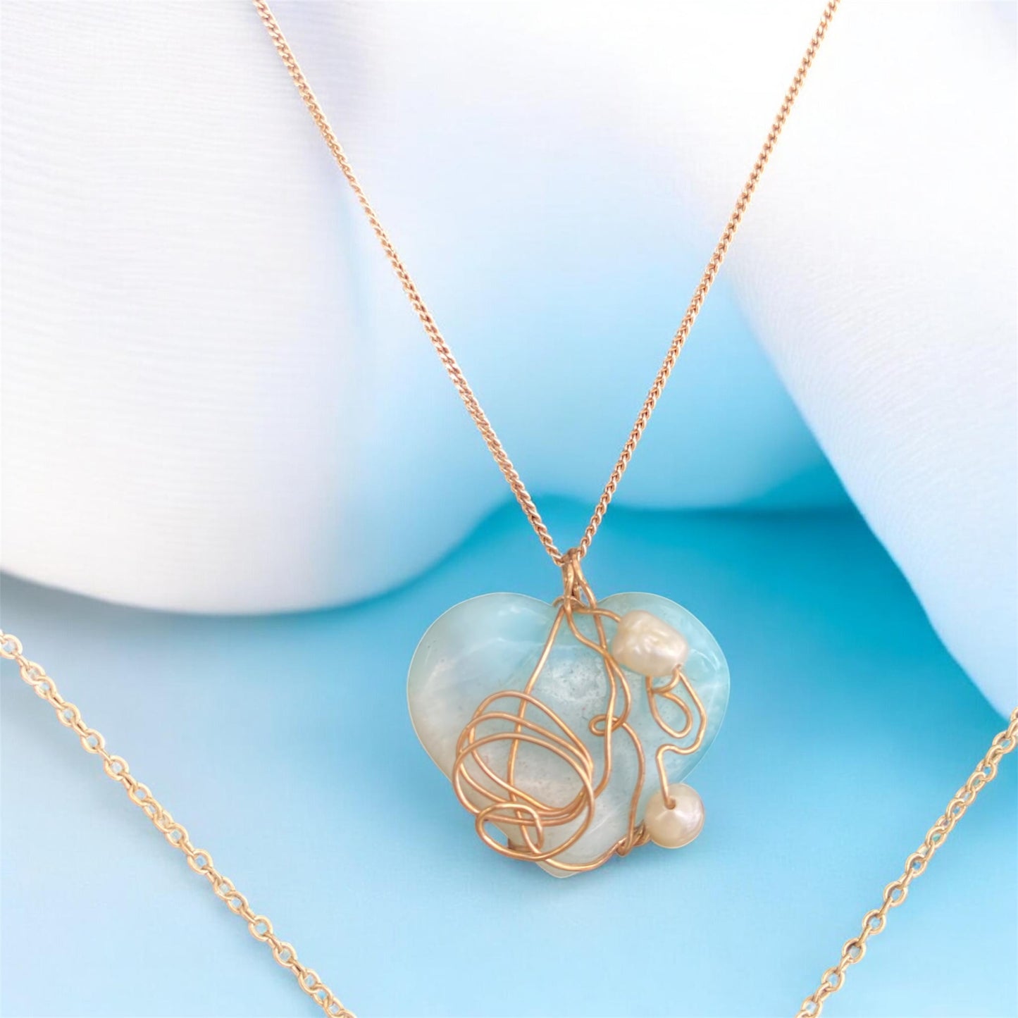 Natural Larimar Heart Pendant Hand Wrapped in Gold with Freshwater Pearls