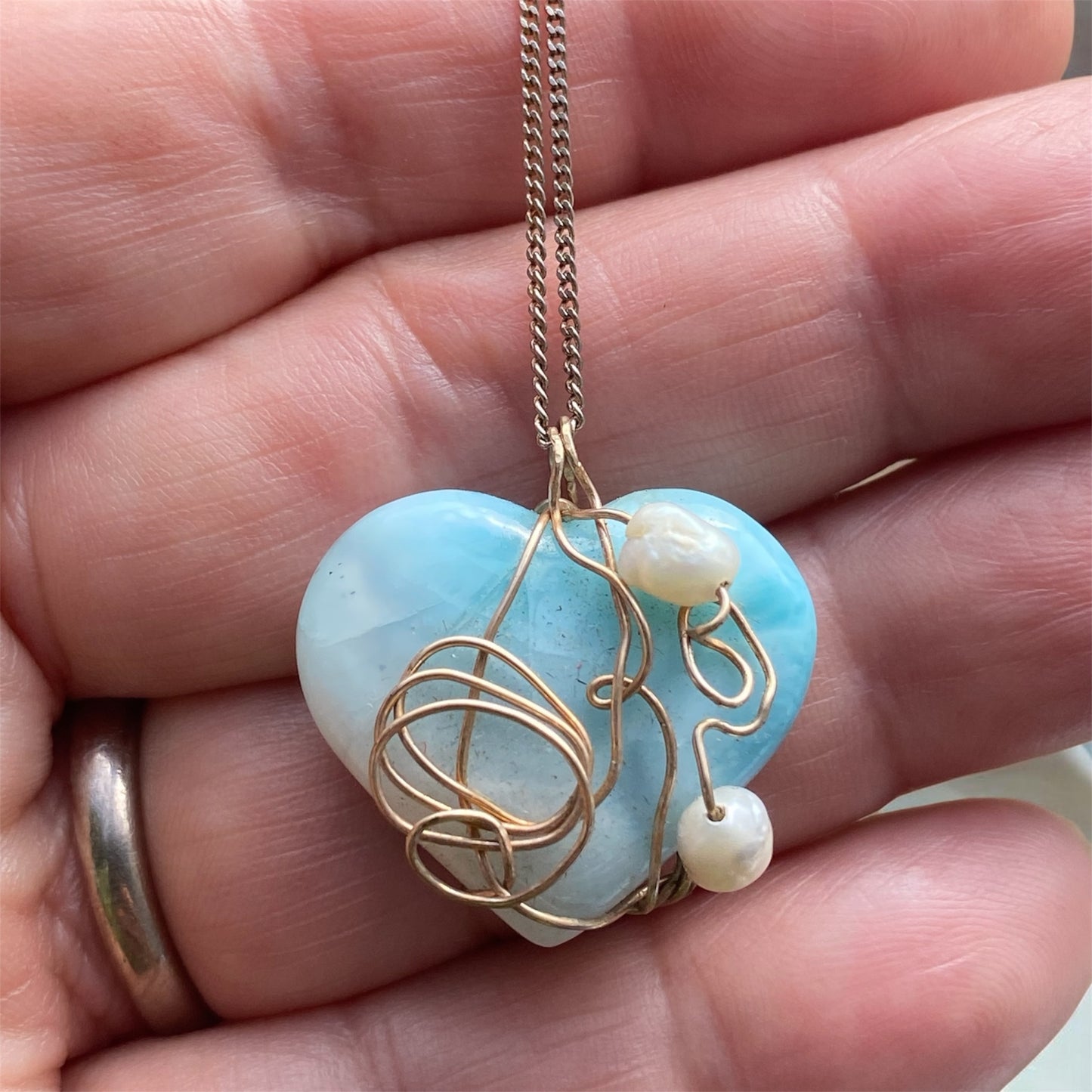 Natural Larimar Heart Pendant Hand Wrapped in Gold with Freshwater Pearls