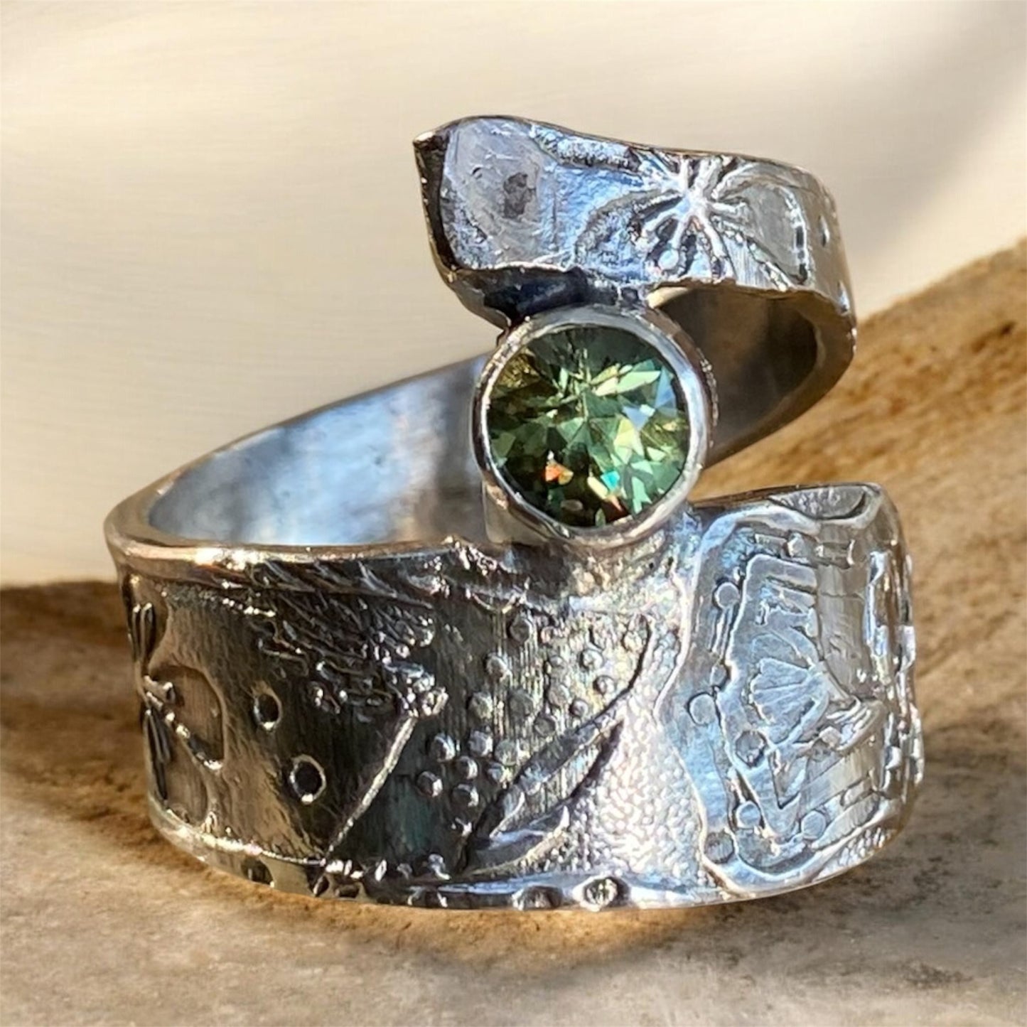 Vintage 900 Silver Spoon Handle Ring with Russian Demantoid Garnet Sold