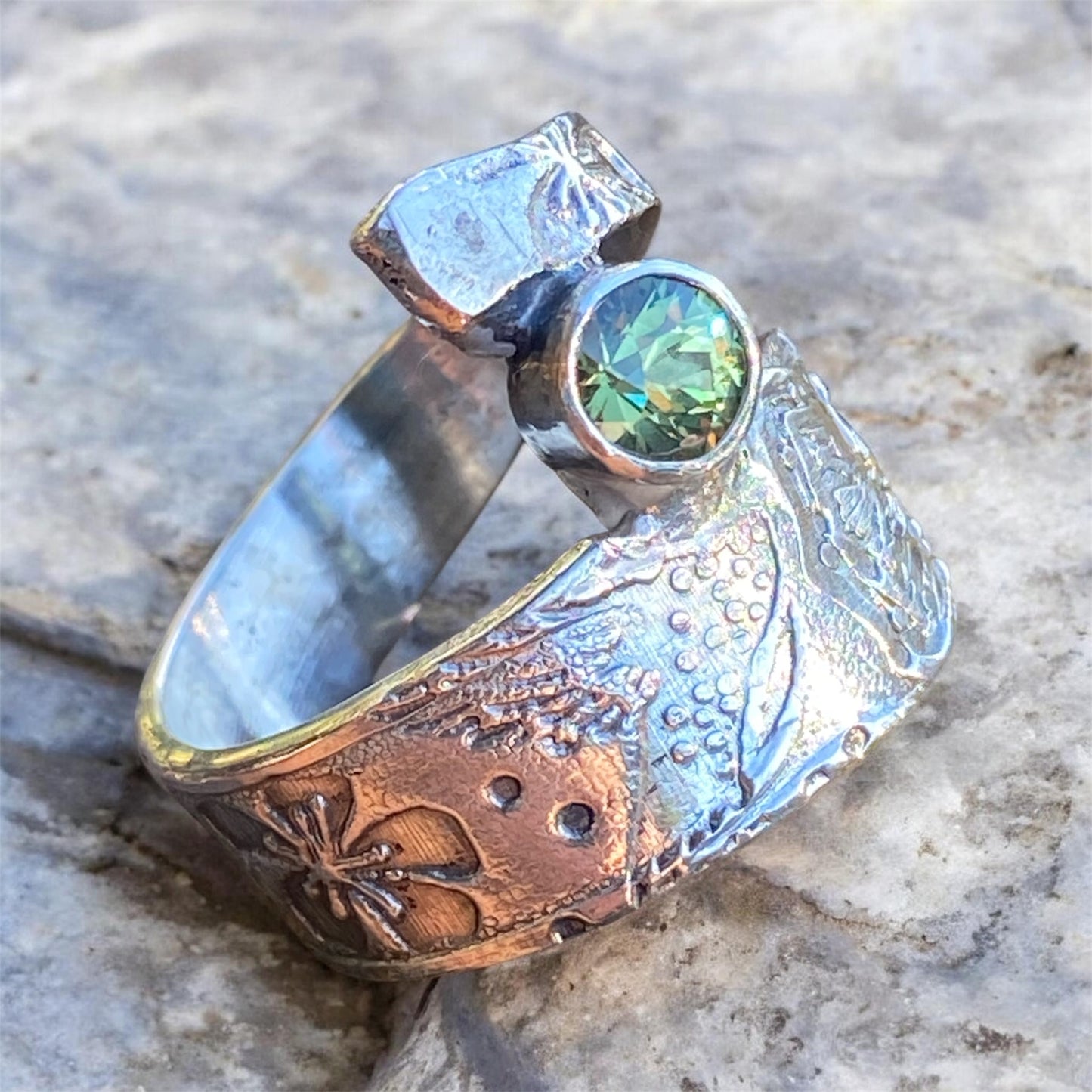 Vintage 900 Silver Spoon Handle Ring with Russian Demantoid Garnet Sold
