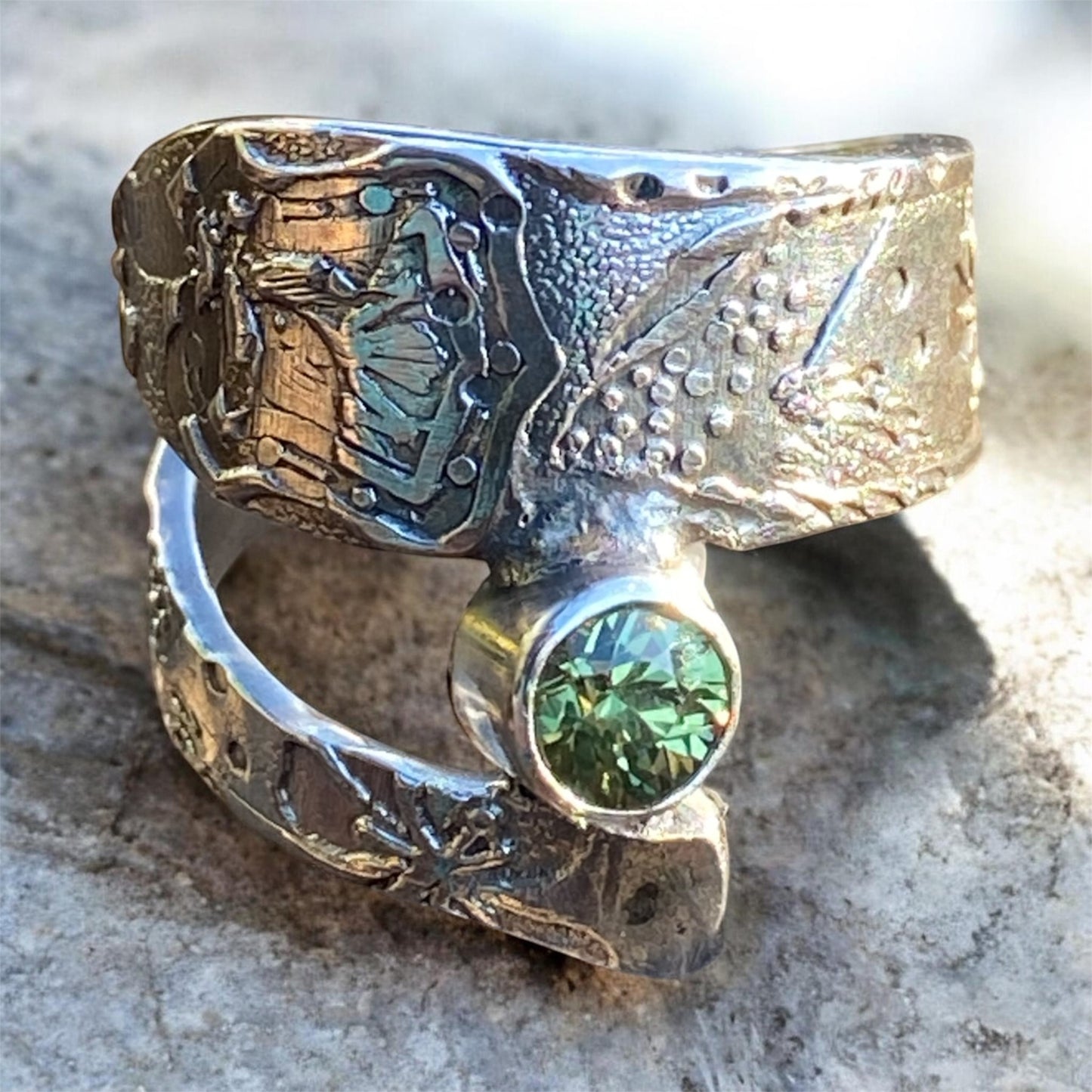 Vintage 900 Silver Spoon Handle Ring with Russian Demantoid Garnet Sold