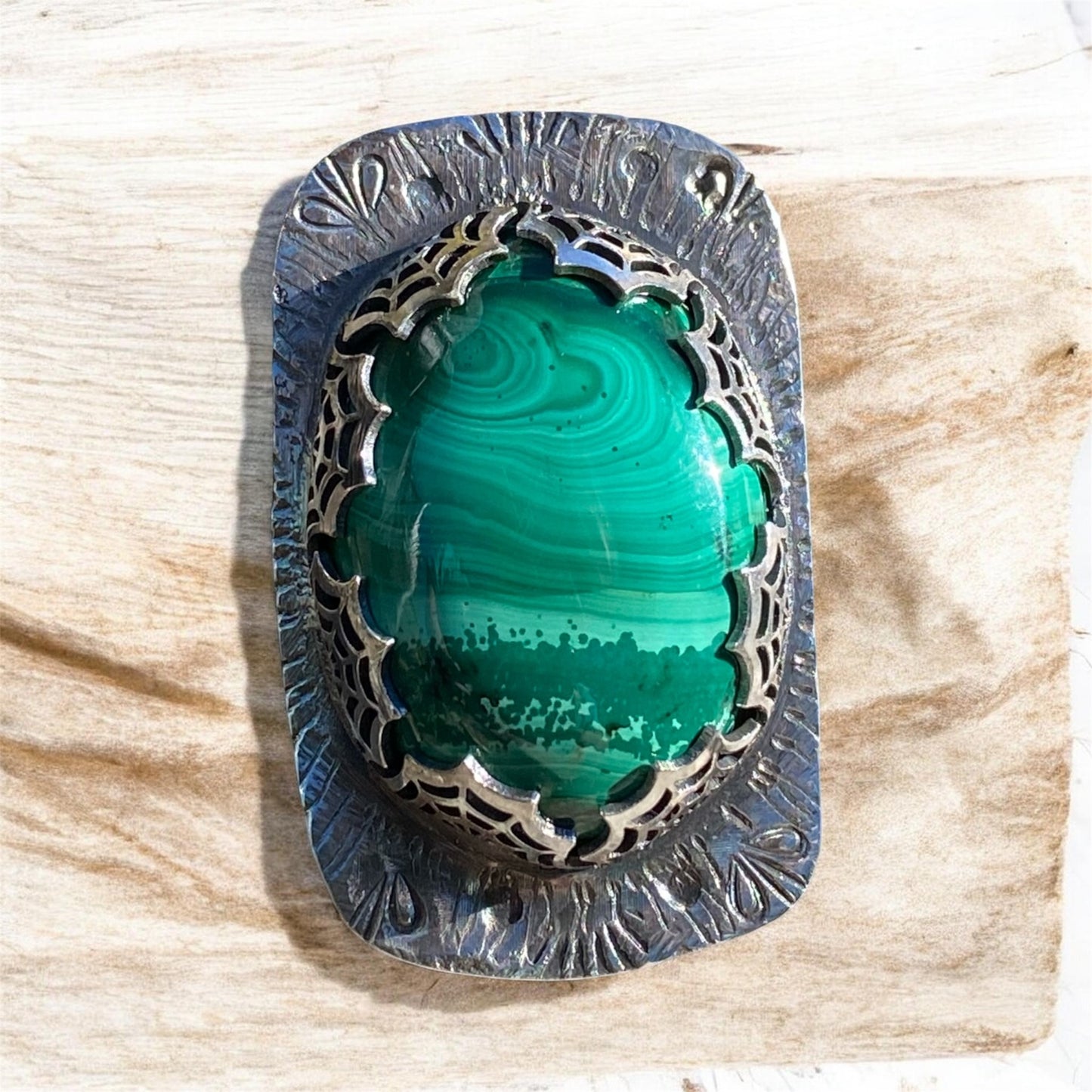 Handmade Malachite Ring with Vintage Industria .900 Silver Spoon Band