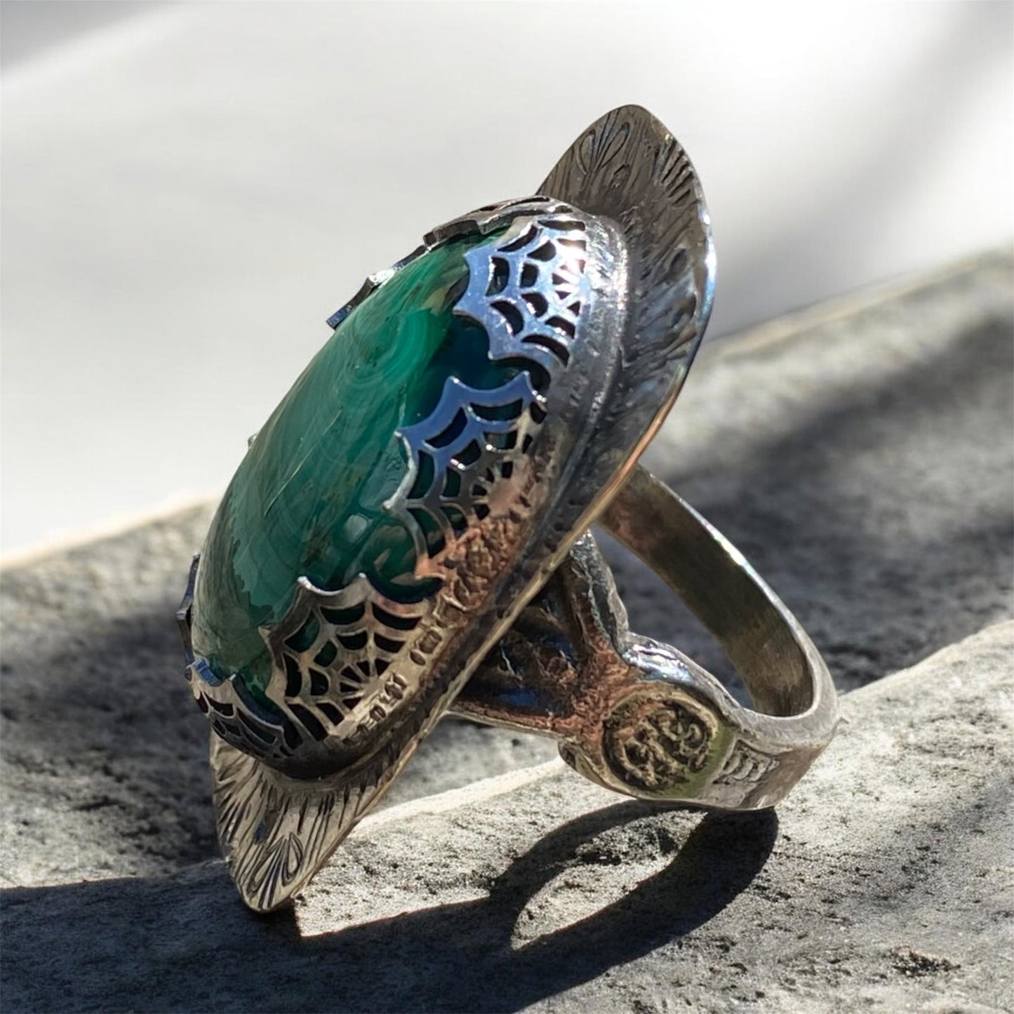 Handmade Malachite Ring with Vintage Industria .900 Silver Spoon Band