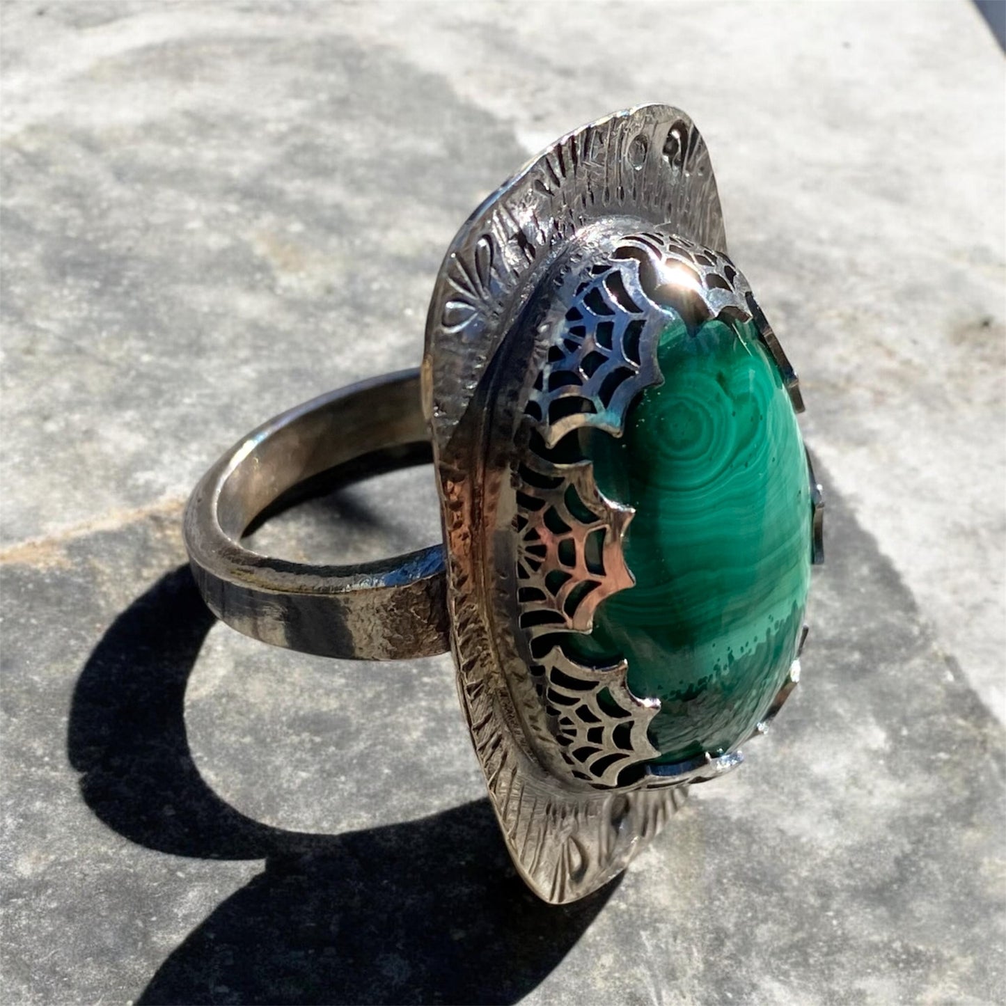 Handmade Malachite Ring with Vintage Industria .900 Silver Spoon Band