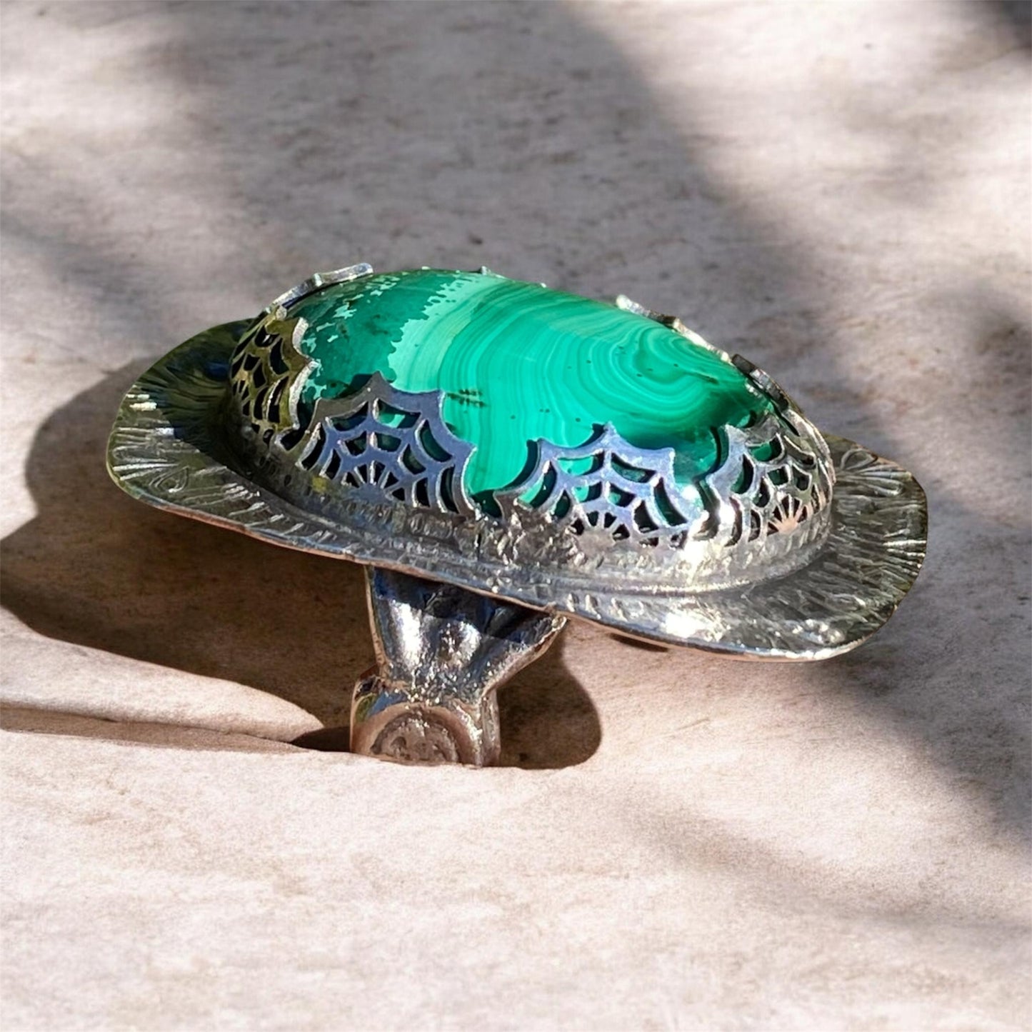 Handmade Malachite Ring with Vintage Industria .900 Silver Spoon Band