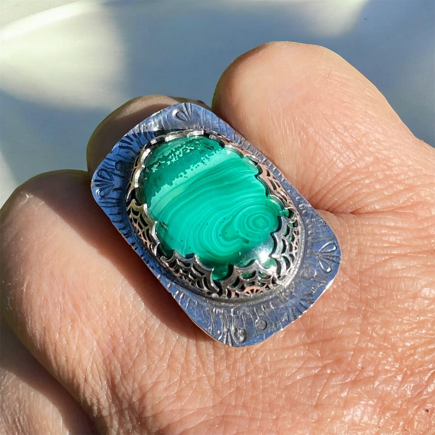 Handmade Malachite Ring with Vintage Industria .900 Silver Spoon Band
