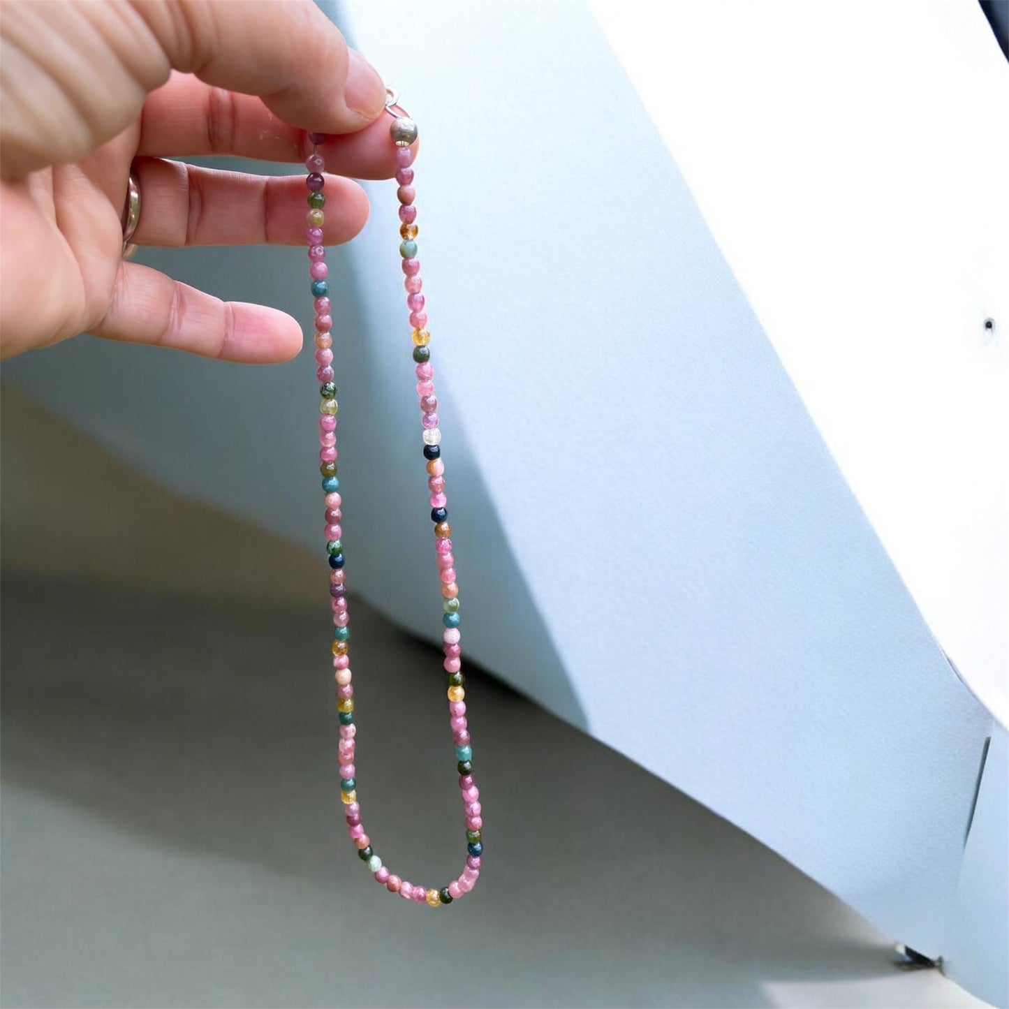 Handmade Rainbow Tourmaline Bead Choker Necklace 43 cm