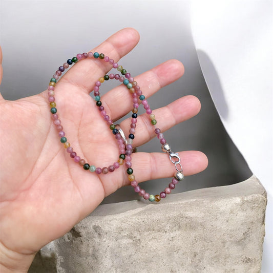 Handmade Rainbow Tourmaline Bead Choker Necklace 43 cm