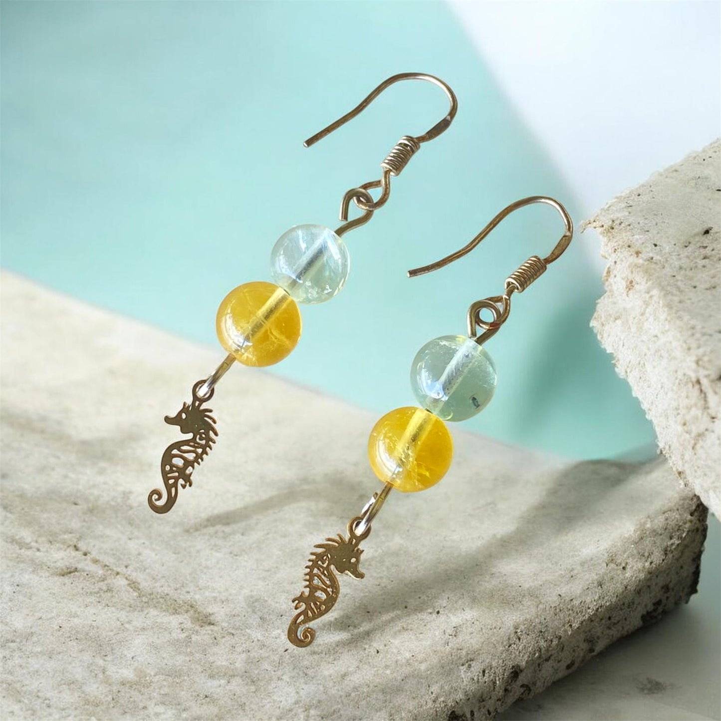 Yellow and Mint Green Fluorite Seahorse Earring