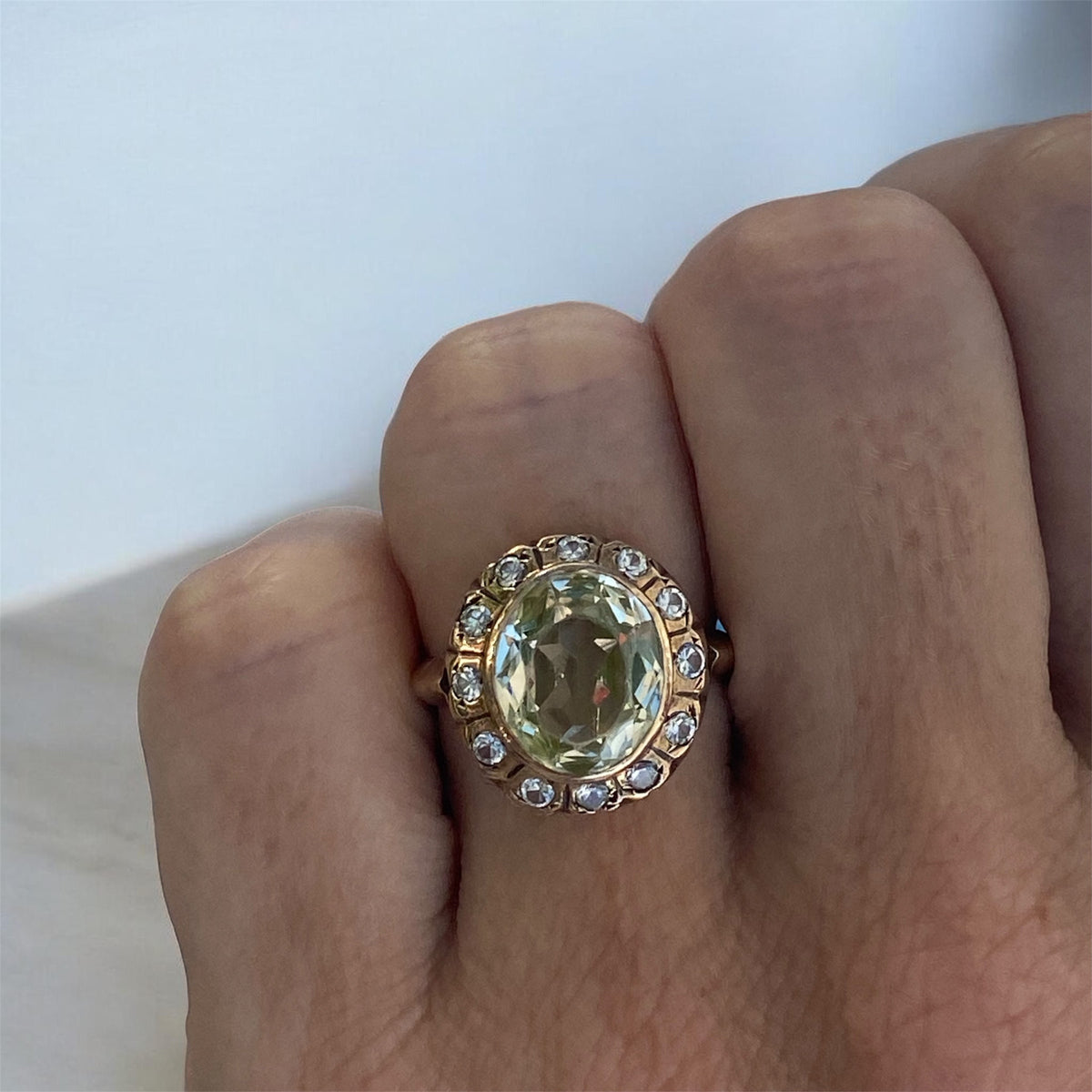 Antique 14K Yellow Gold Mint Green Quartz & Rose Cut Diamond Halo Ring German Estate, Size 6 (AU M)