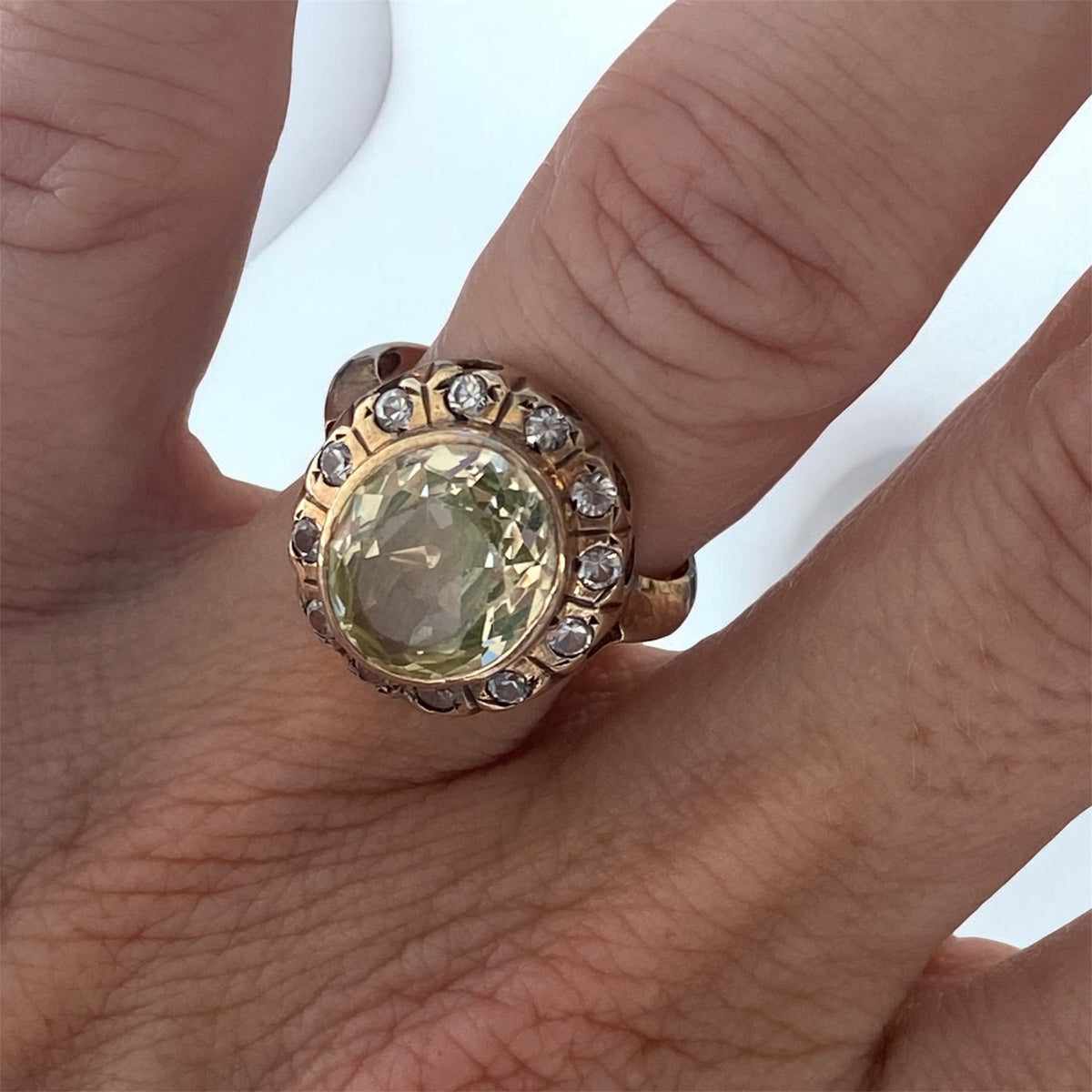 Antique 14K Yellow Gold Mint Green Quartz & Rose Cut Diamond Halo Ring German Estate, Size 6 (AU M)