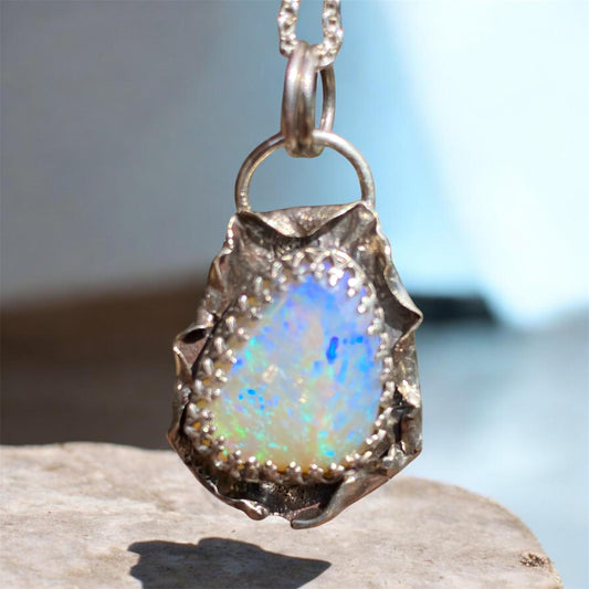 Australian Lightning Ridge Opal Pendant in Sculpted Vintage Silver
