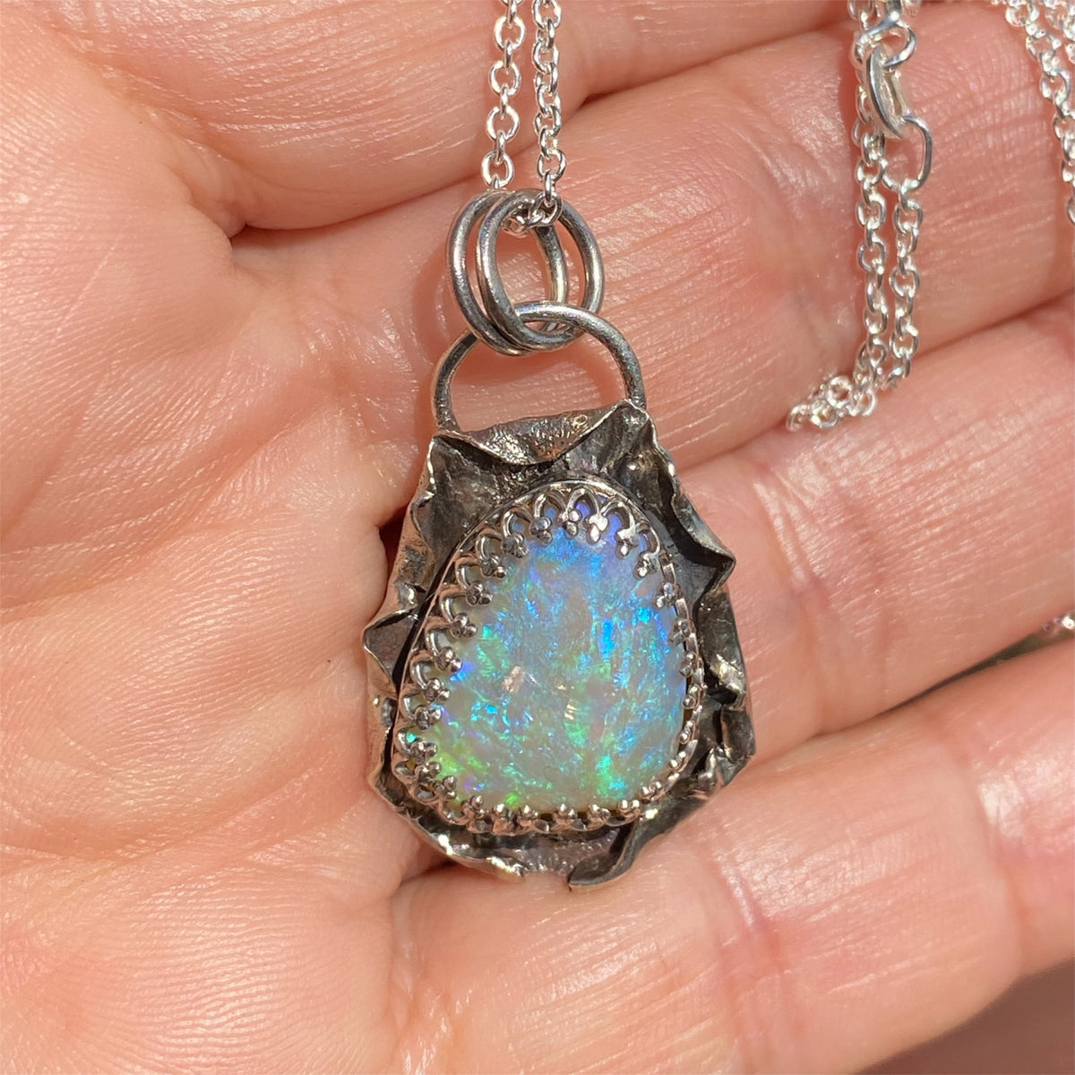 Australian Lightning Ridge Opal Pendant in Sculpted Vintage Silver