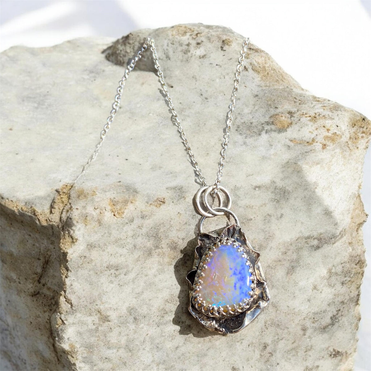 Australian Lightning Ridge Opal Pendant in Sculpted Vintage Silver