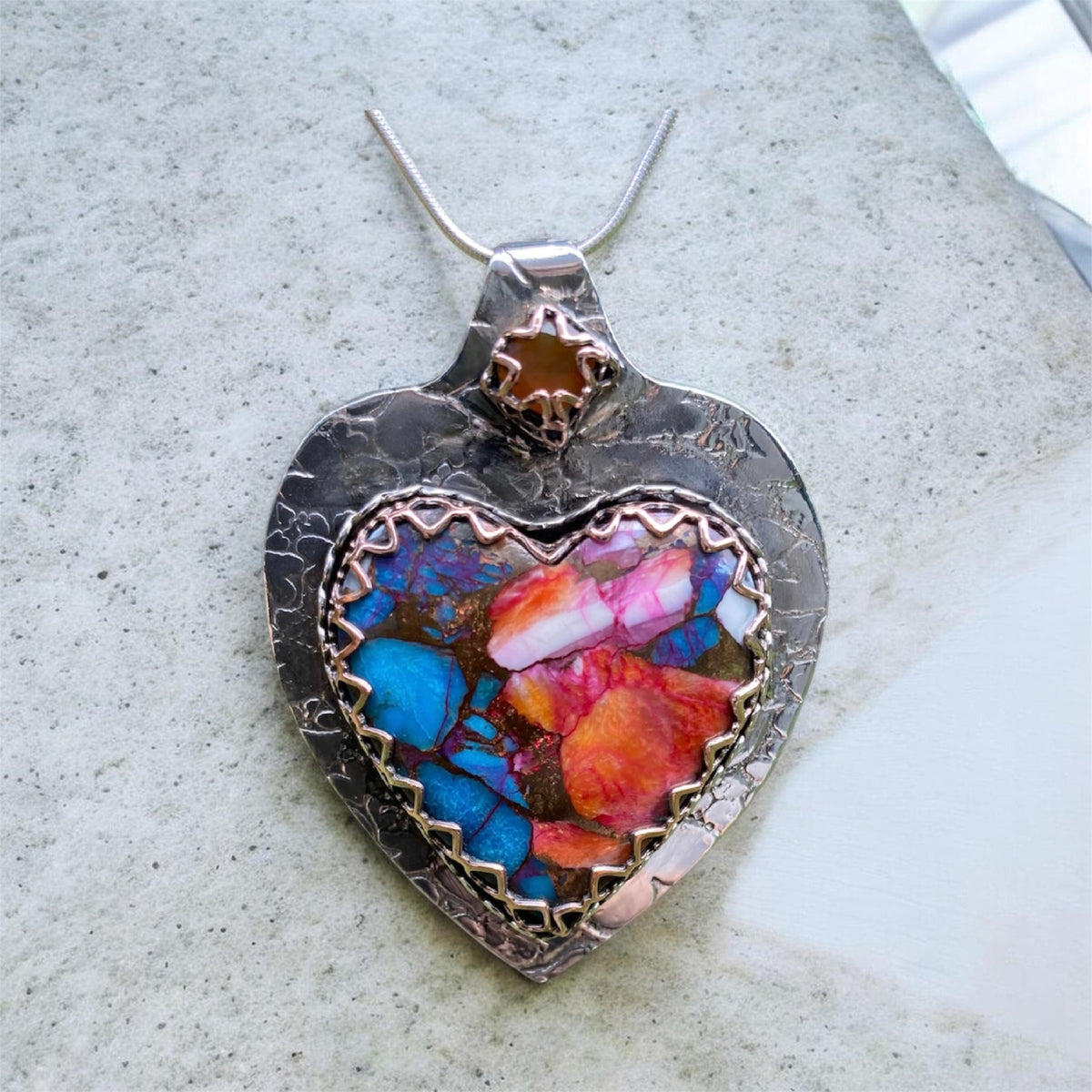 Orange Dahlia Composite Heart and Mexican Fire Opal Pendant