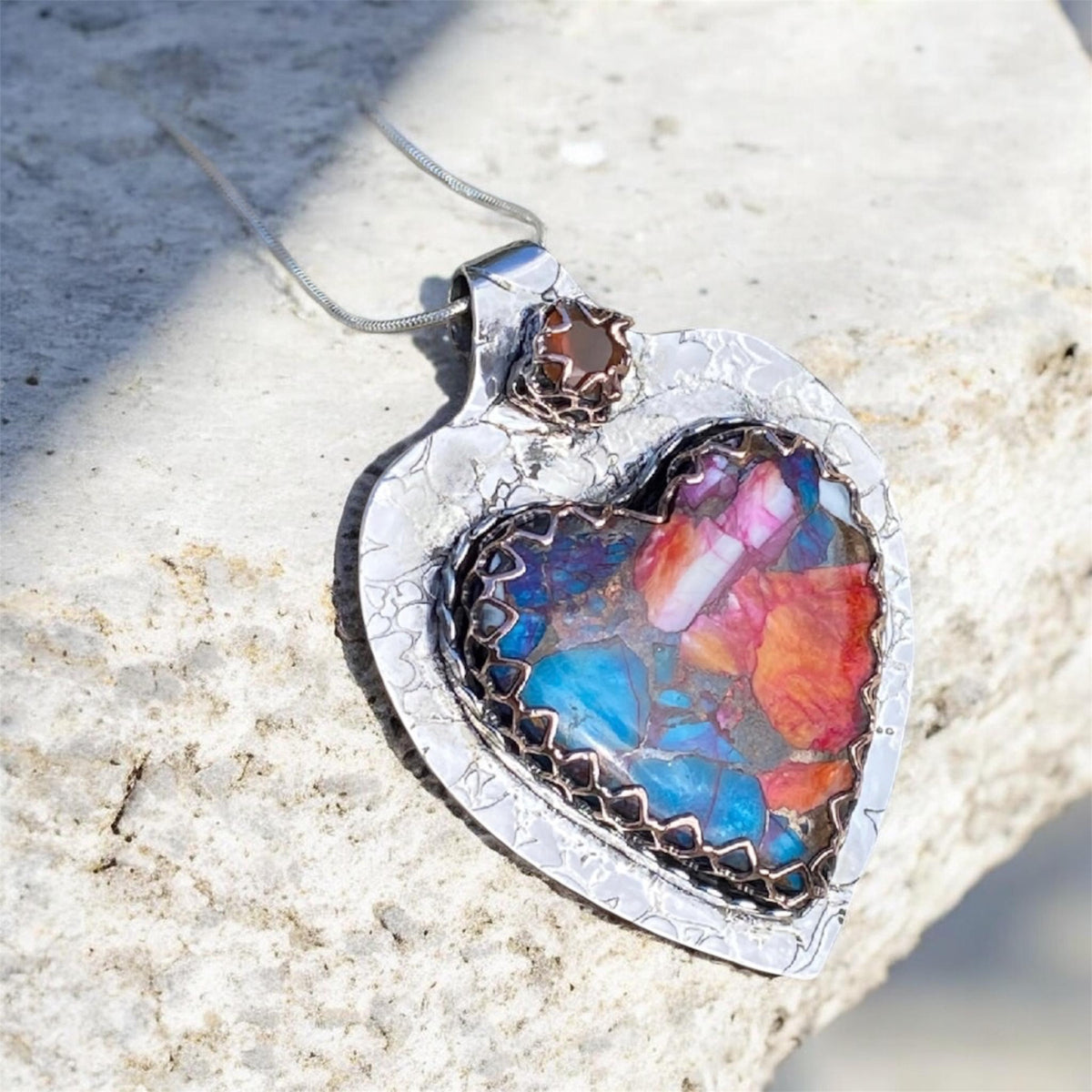 Orange Dahlia Composite Heart and Mexican Fire Opal Pendant