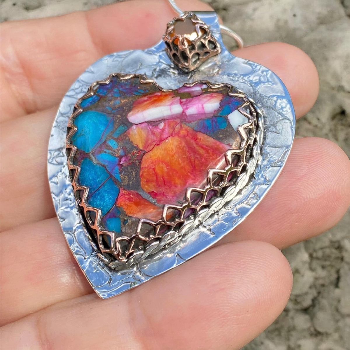 Orange Dahlia Composite Heart and Mexican Fire Opal Pendant