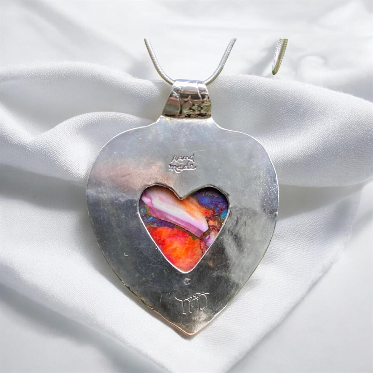 Orange Dahlia Composite Heart and Mexican Fire Opal Pendant