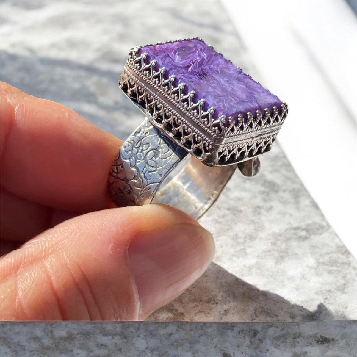 Artisan Charoite Cocktail Ring in Sterling Silver
